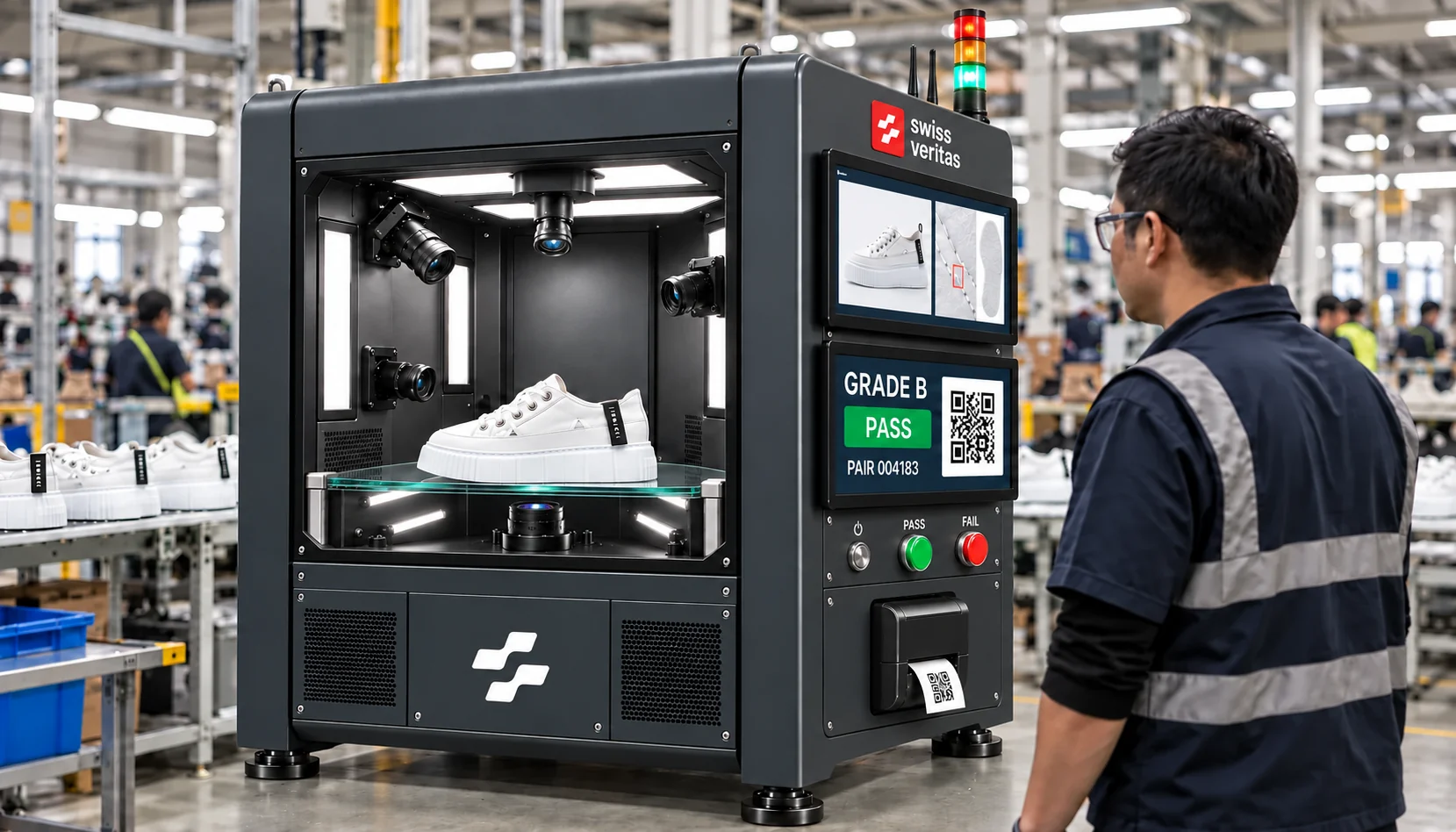 Factory concept with a white INUIKII Leather Matilda Low on the transparent weighing platform, an underside sole camera, dual inspection screens, physical green/red override buttons and plain label printers