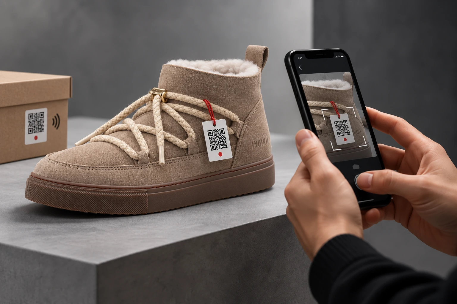 Concept of a customer scanning a QR label with a red dot on an INUIKII Classic Low, with a matching box label and NFC symbol
